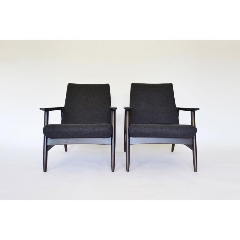 Pair of felt & walnut armchairs vintage by Valerija Ema Cukermanienė for Vilniaus Baldų Kombinatas, 1960s