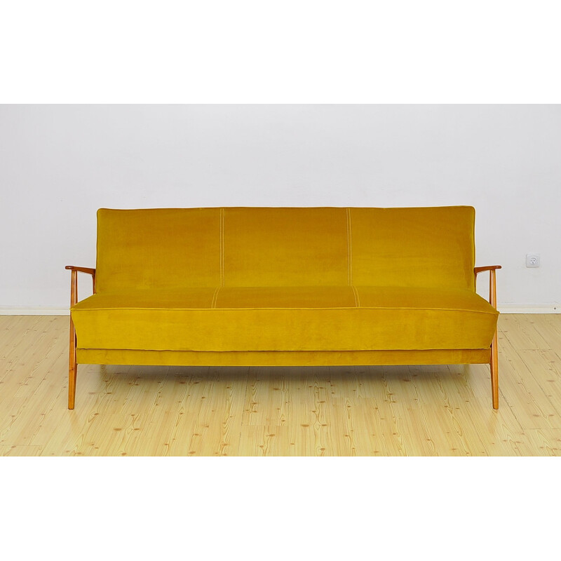 Mid century velvet and cherry wood sofa daybed, 1960s