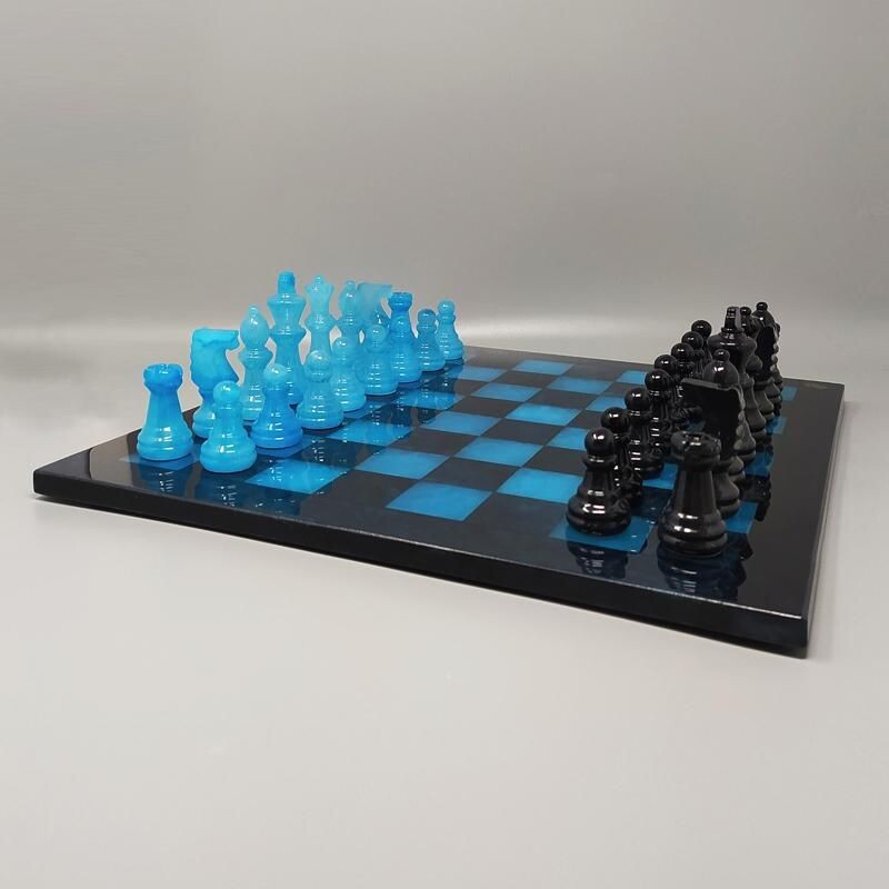 Vintage blue and black chess set in Volterra alabaster handmade, Italy 1970s 