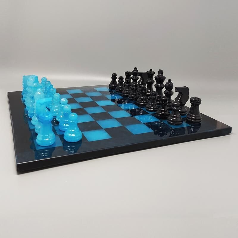 Vintage blue and black chess set in Volterra alabaster handmade, Italy 1970s 