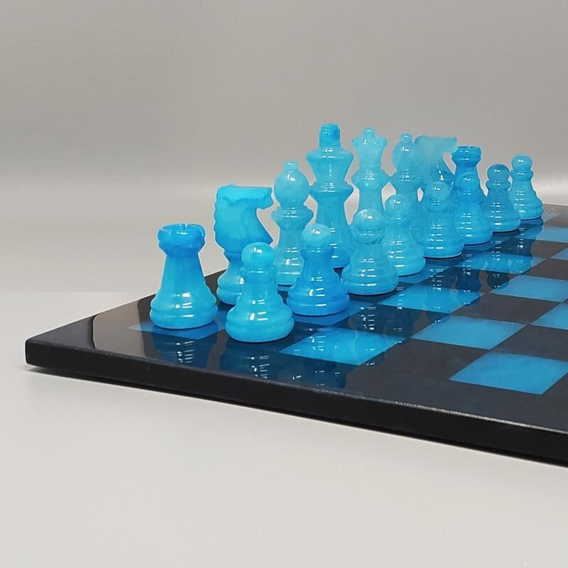 Vintage blue and black chess set in Volterra alabaster handmade, Italy 1970s 