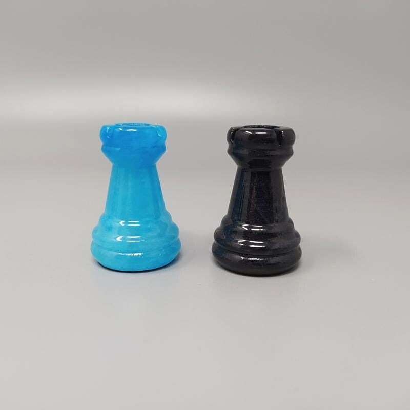 Vintage blue and black chess set in Volterra alabaster handmade, Italy 1970s 