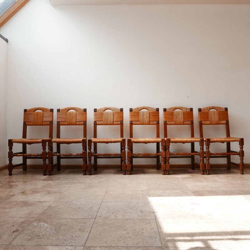 Ensemble de 8 chaises vintage français en jonc, 1950