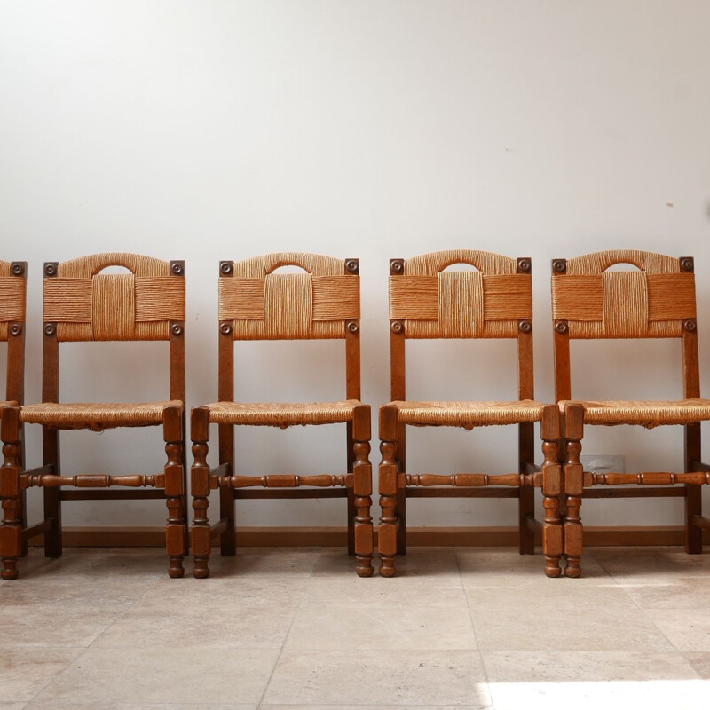 Set of 8 mid century french rush dining chairs, 1950s