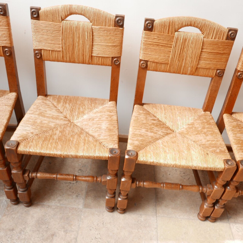 Set of 8 mid century french rush dining chairs, 1950s