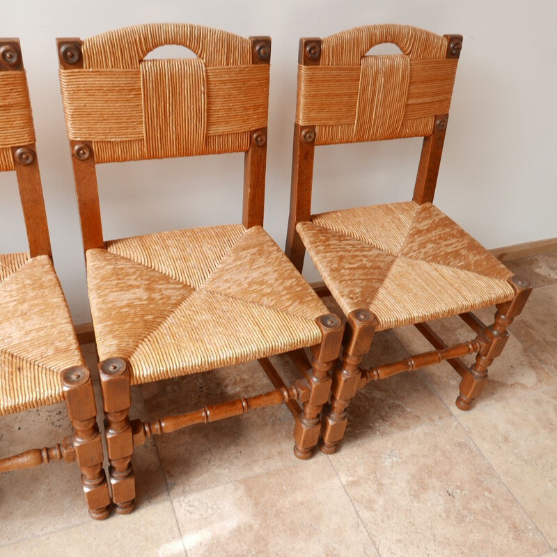 Set of 8 mid century french rush dining chairs, 1950s