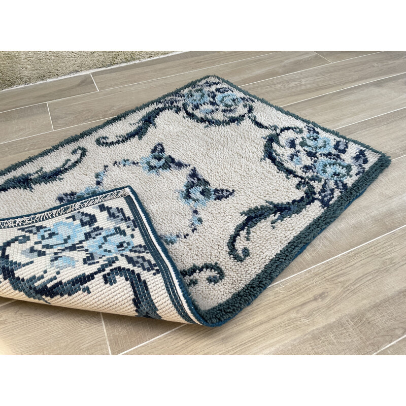 Tapis bohème vintage pure laine bleu, 1970