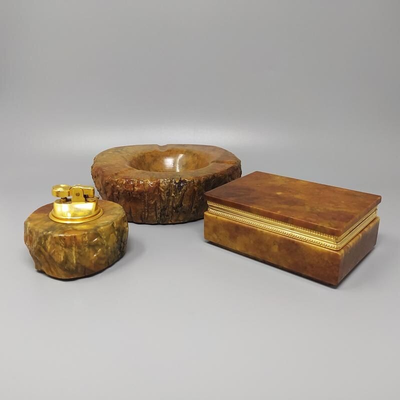 Brown alabaster vintage smoker set by Romano Bianchi, Italy 1960