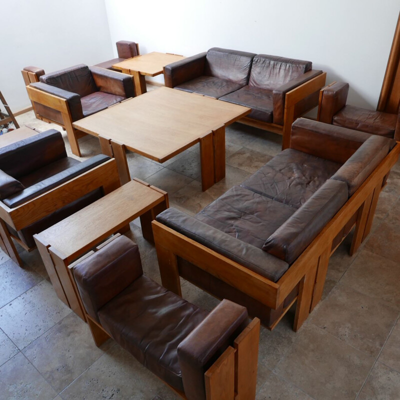 Set of huge room suite of mid century armchairs, sofas, benches and coffee tables, Italy 1960s