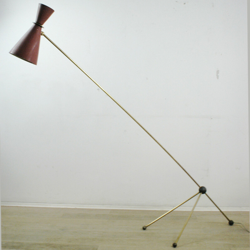 Midcentury red brass floorlamp, Otto KOLB - 1952