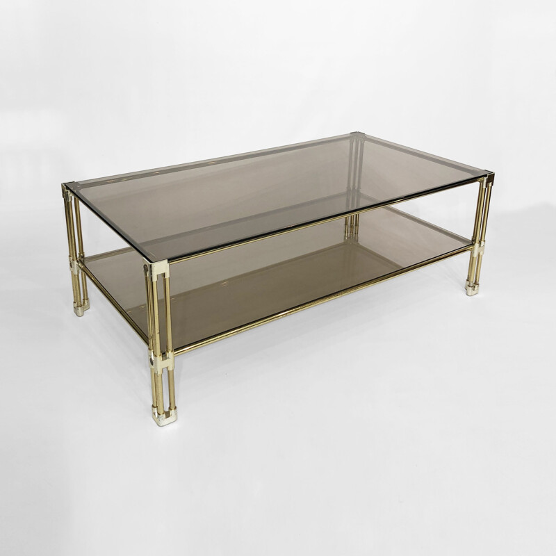 Vintage brass and smoked glass coffee table by Hollywood Regency, Italy 1970