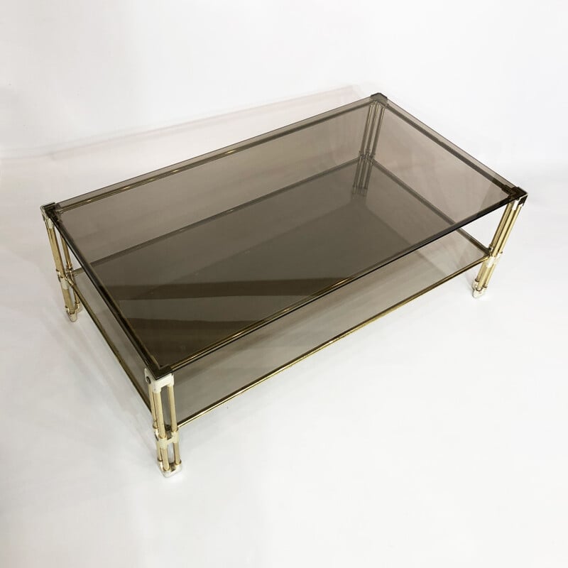 Vintage brass and smoked glass coffee table by Hollywood Regency, Italy 1970