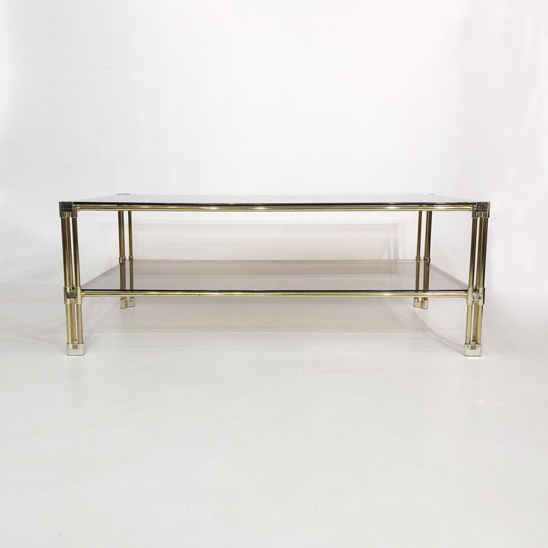 Vintage brass and smoked glass coffee table by Hollywood Regency, Italy 1970