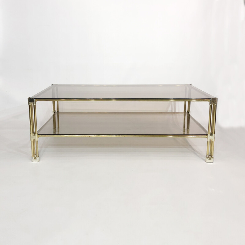 Vintage brass and smoked glass coffee table by Hollywood Regency, Italy 1970