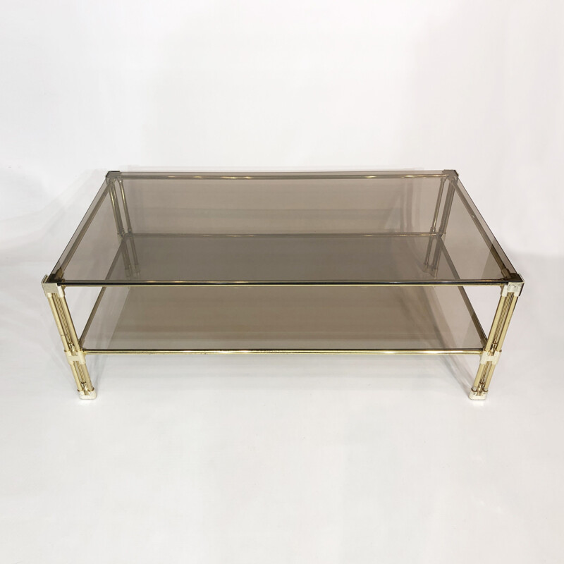 Vintage brass and smoked glass coffee table by Hollywood Regency, Italy 1970