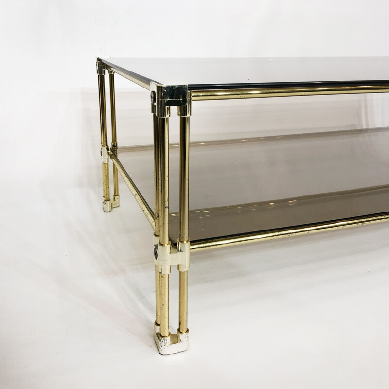 Vintage brass and smoked glass coffee table by Hollywood Regency, Italy 1970