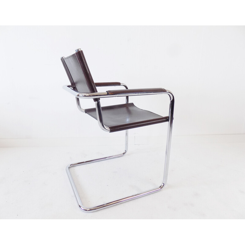 Vintage chrome cantilever brown leather chair by Matteo Grassi MG 5