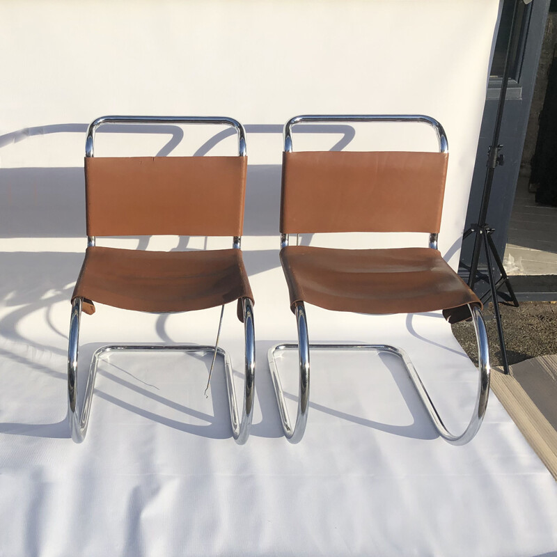 Set of 4 chrome Art deco dining chairs mid century by Mies van der Rohe MR10, 1960s