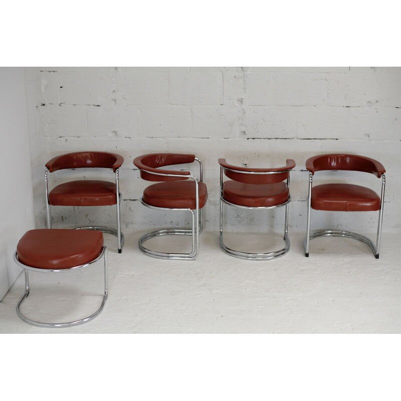 4 chaises vintage de salon tubulaires et un ottoman assorti, 1960