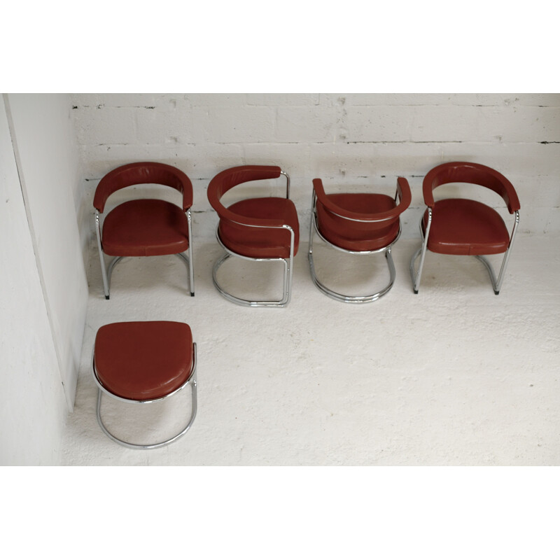 4 vintage tubular lounge chairs and matching ottoman, 1960