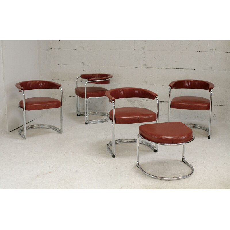 4 vintage buisvormige loungestoelen en bijpassende voetenbank, 1960