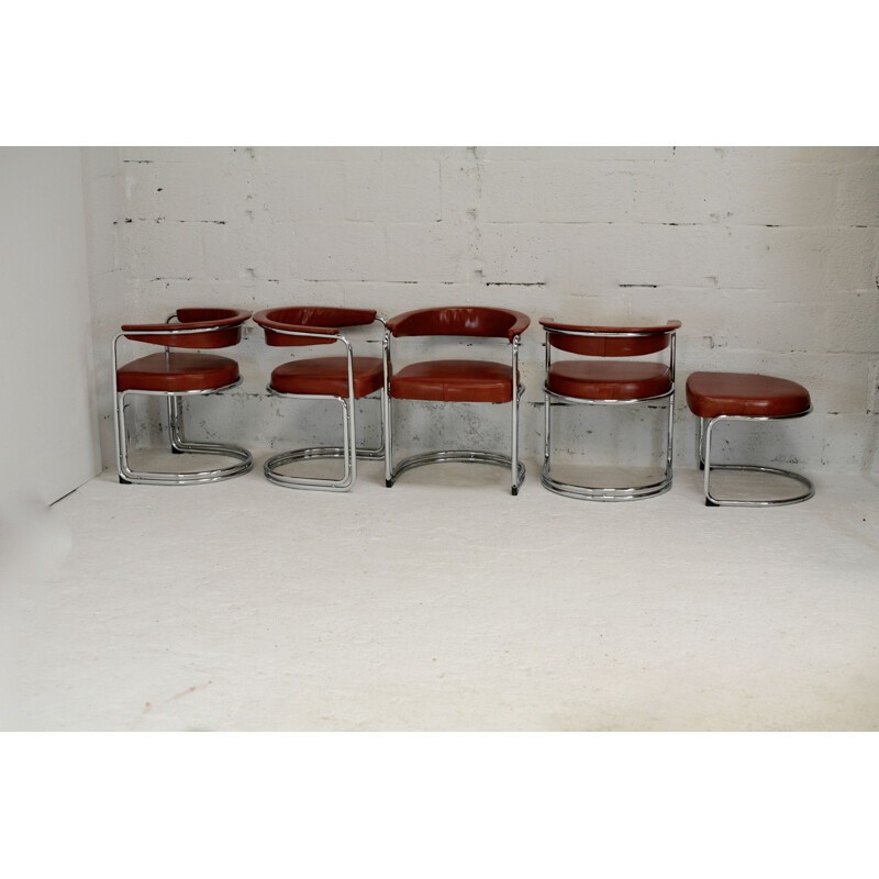 4 vintage tubular lounge chairs and matching ottoman, 1960