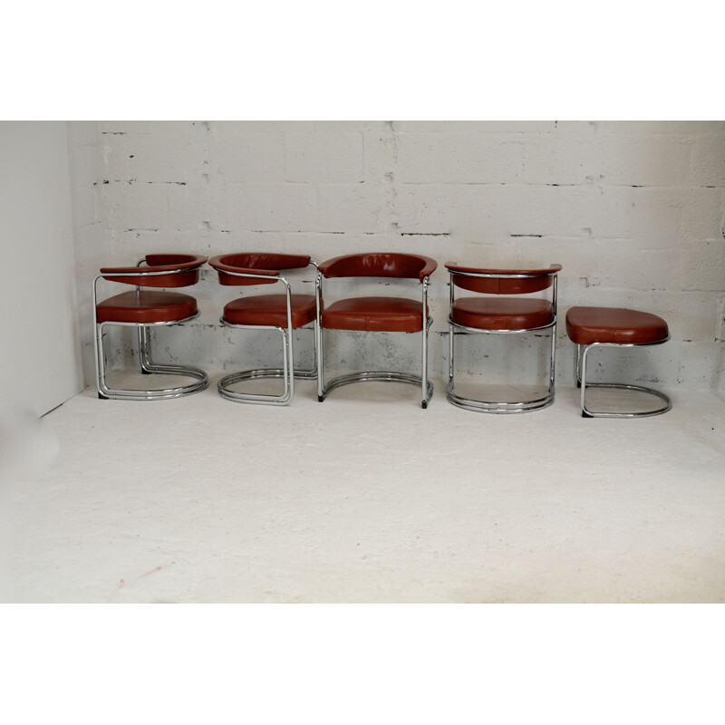 4 vintage buisvormige loungestoelen en bijpassende voetenbank, 1960
