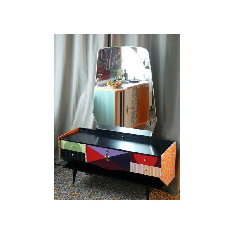 Dressing table in wood and metal with large mirror - 1950s