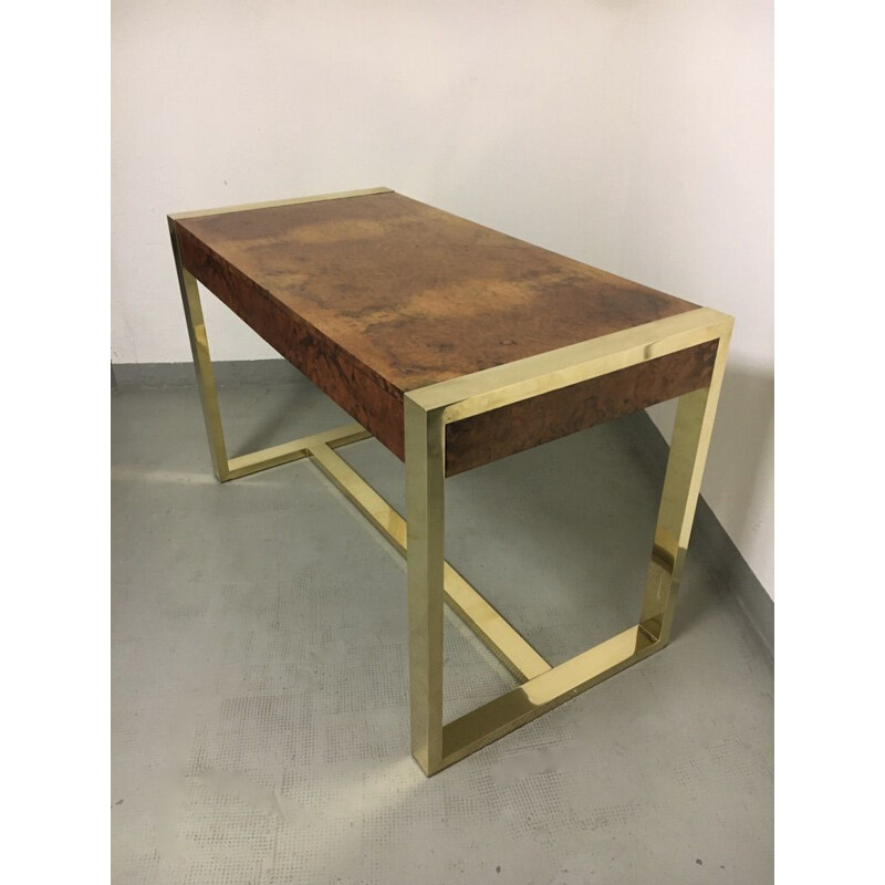 Vintage desk in burr wood veneer and brass legs by Guy Lefèvre, France 1970