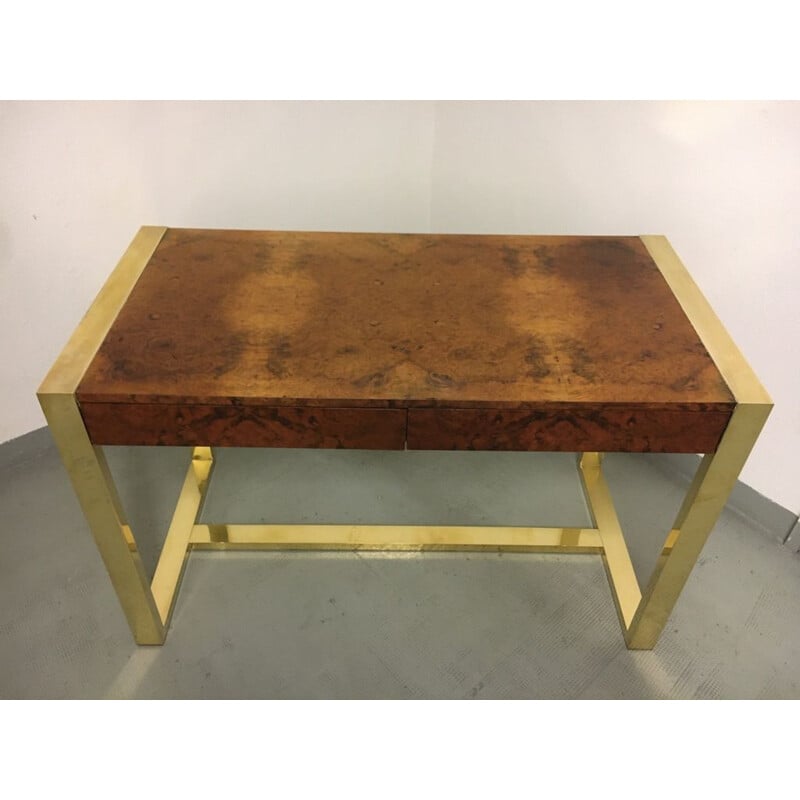 Vintage desk in burr wood veneer and brass legs by Guy Lefèvre, France 1970