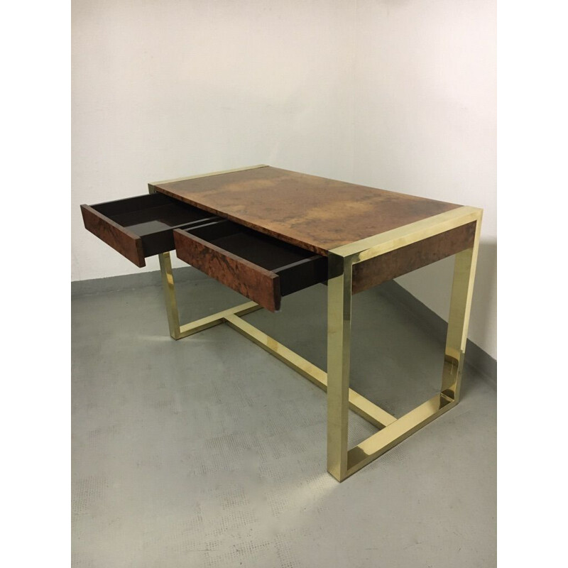 Vintage desk in burr wood veneer and brass legs by Guy Lefèvre, France 1970