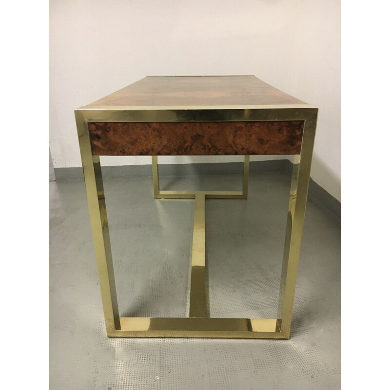 Vintage desk in burr wood veneer and brass legs by Guy Lefèvre, France 1970