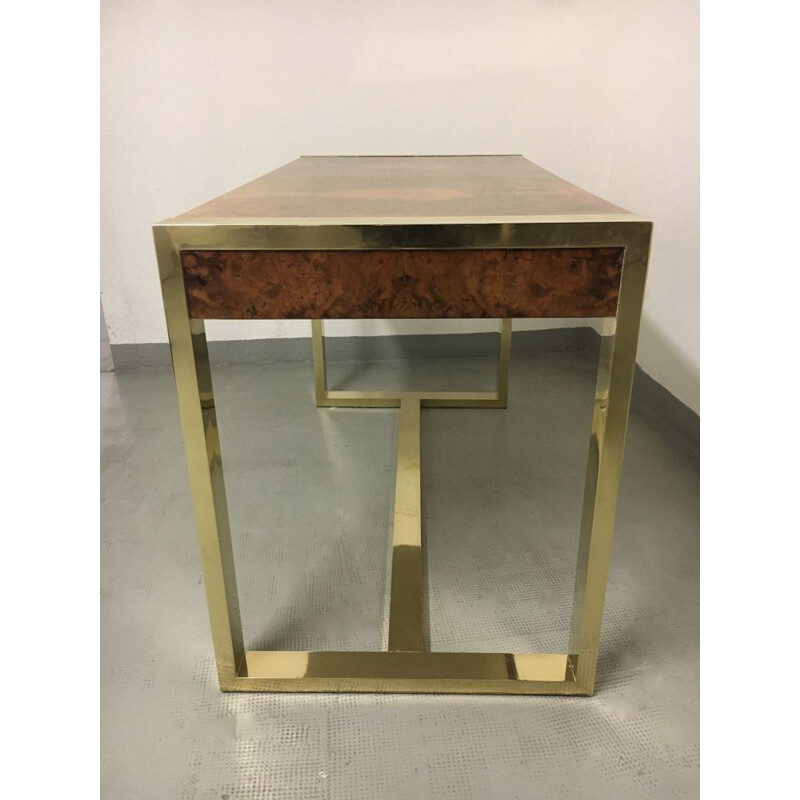 Vintage-Schreibtisch mit Lupenholzfurnier und Messingbeinen von Guy Lefèvre, Frankreich 1970