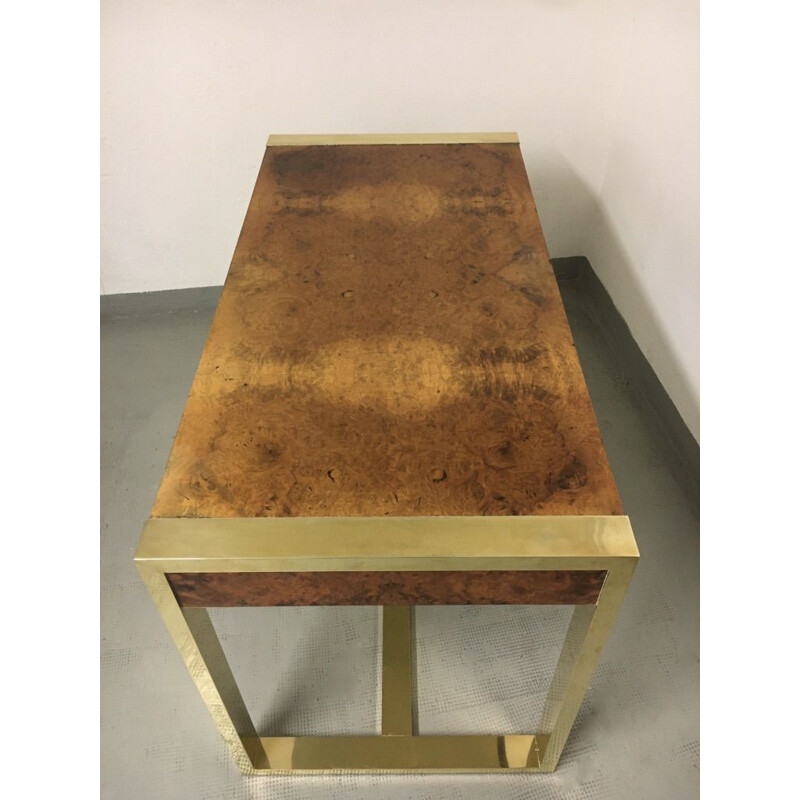 Vintage desk in burr wood veneer and brass legs by Guy Lefèvre, France 1970