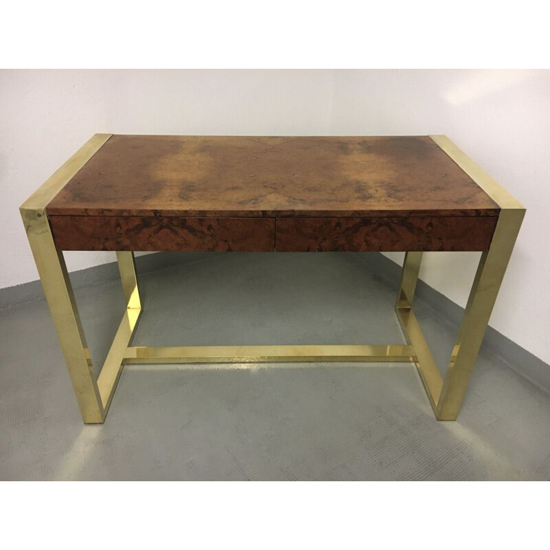 Vintage desk in burr wood veneer and brass legs by Guy Lefèvre, France 1970