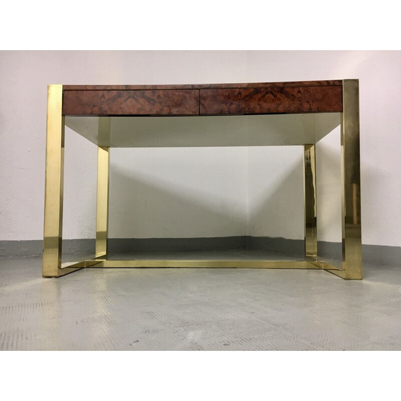 Vintage desk in burr wood veneer and brass legs by Guy Lefèvre, France 1970