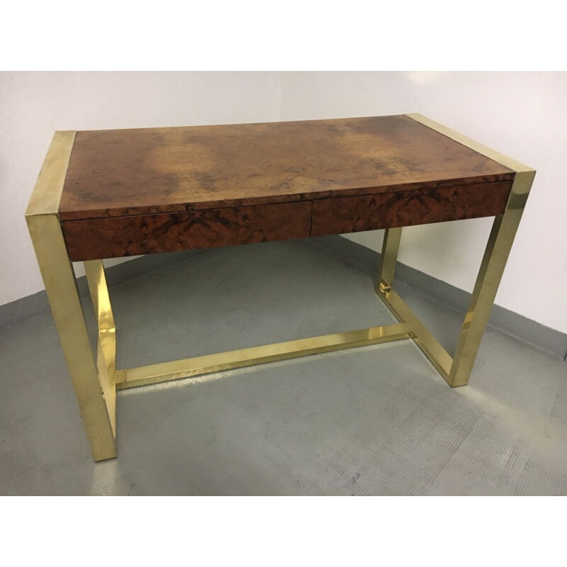 Vintage-Schreibtisch mit Lupenholzfurnier und Messingbeinen von Guy Lefèvre, Frankreich 1970