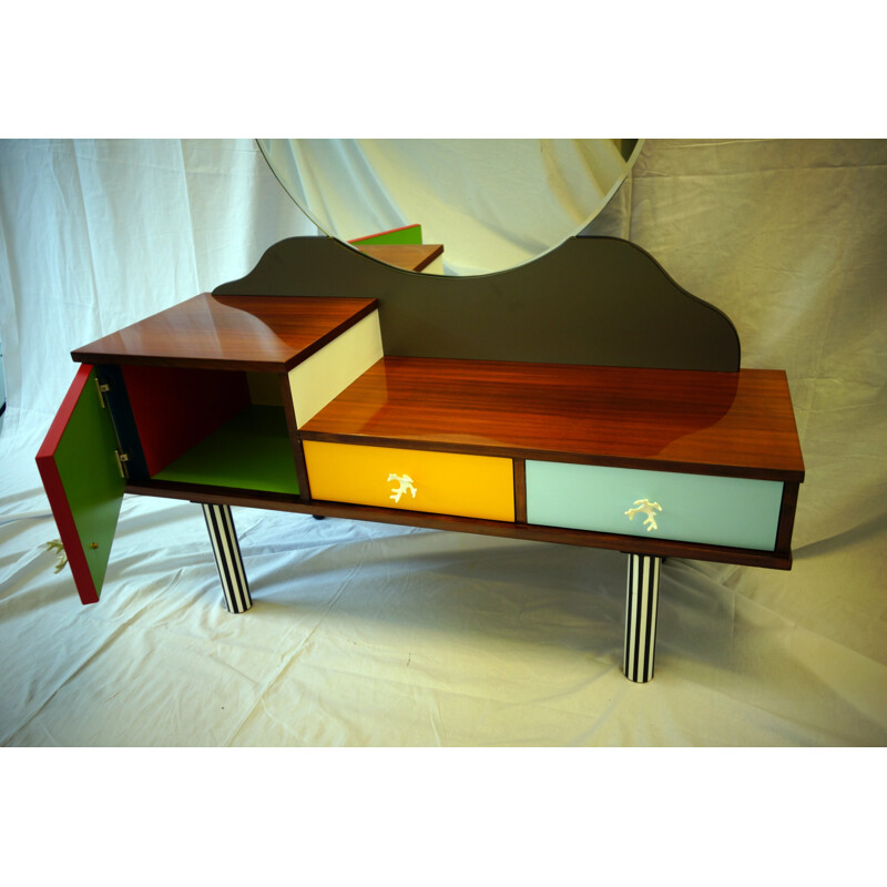 Dressing table in multicolored wood and metal with round mirror - 1960s