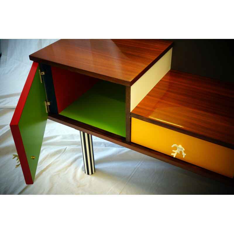 Dressing table in multicolored wood and metal with round mirror - 1960s