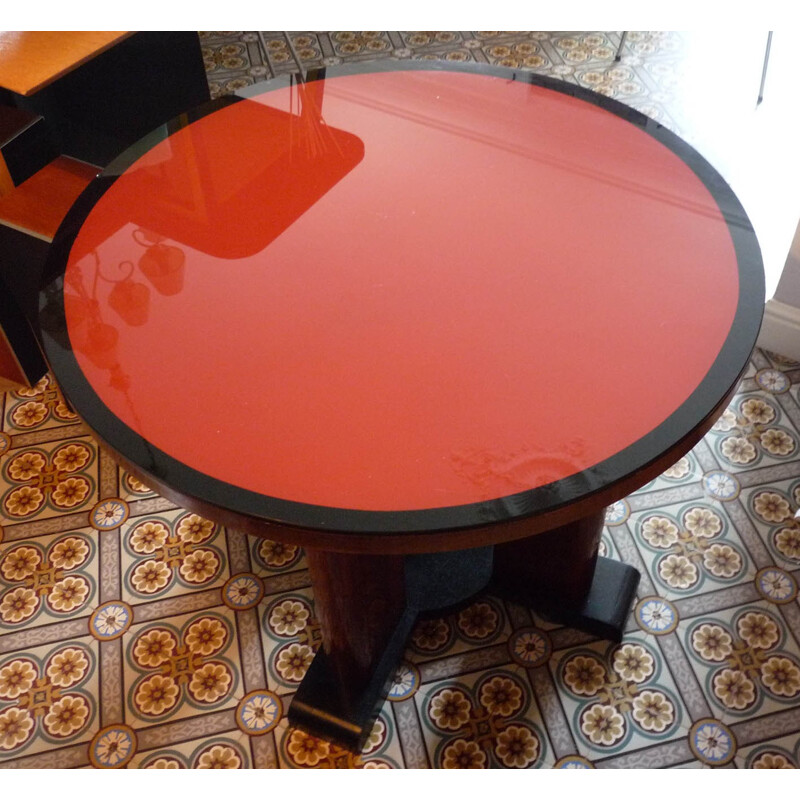 Table console rouge vintage en chêne et acajou massif - 1940 