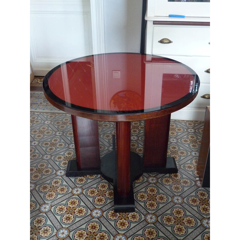 Table console rouge vintage en chêne et acajou massif - 1940 