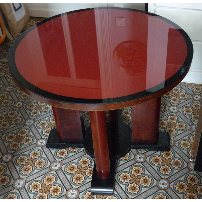 Round console table in oakwood and solid mahogany - 1940s