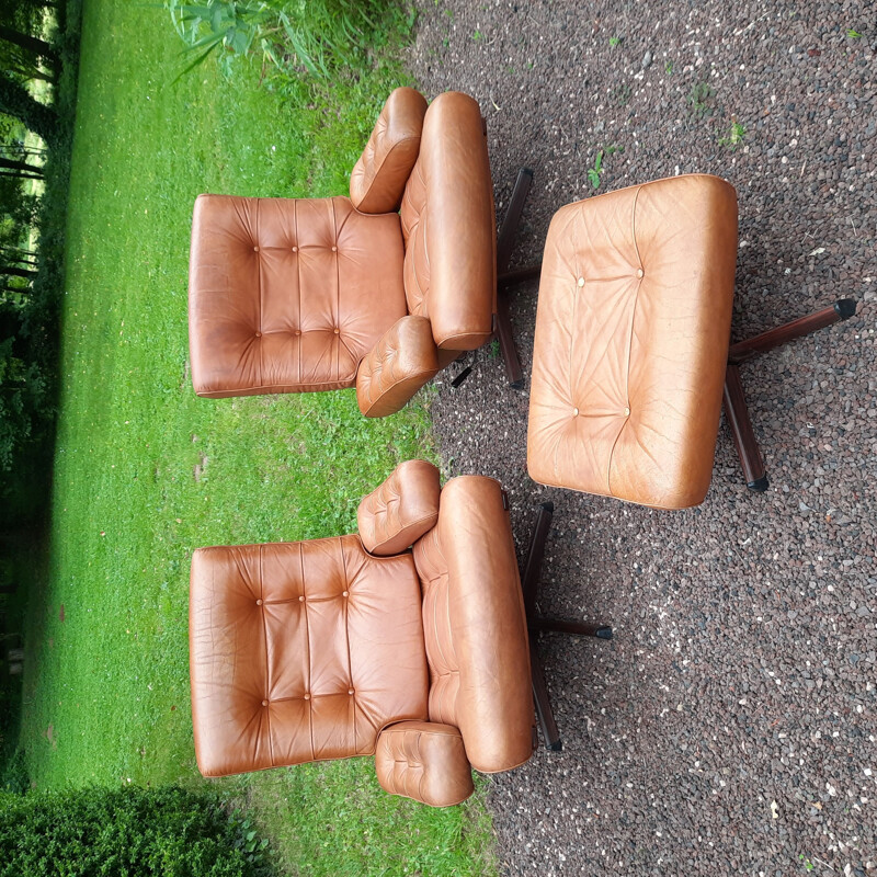 2 vintage armchairs with matching ottoman by Gote Möbler Nässjo, Sweden 1970s