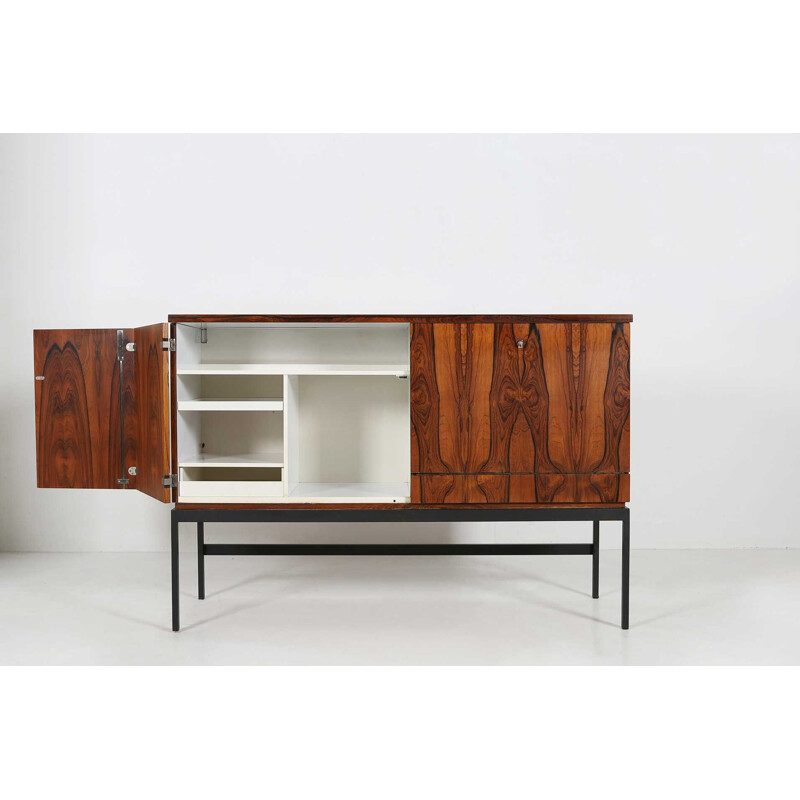 Mid-century rosewood and black metal base bar cabinet