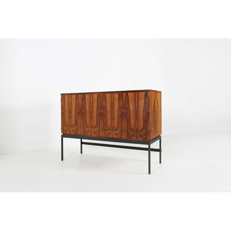 Mid-century rosewood and black metal base bar cabinet