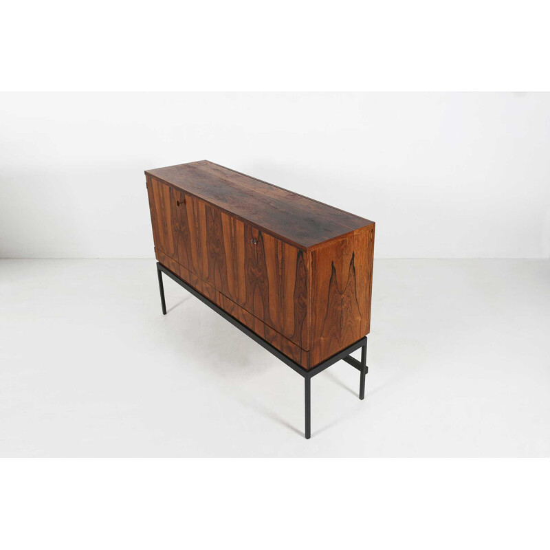 Mid-century rosewood and black metal base bar cabinet