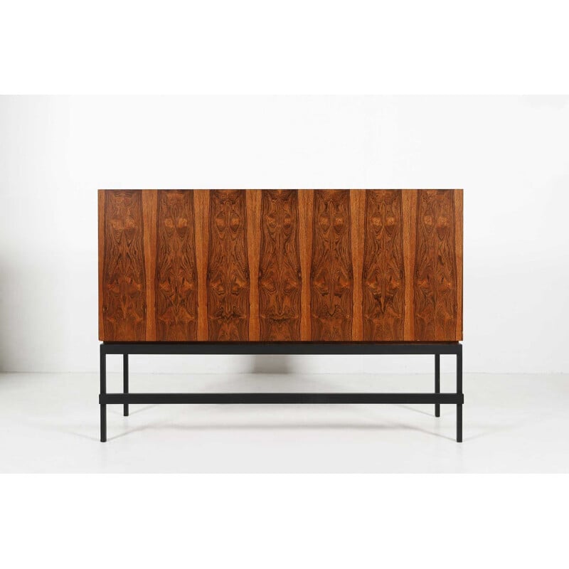 Mid-century rosewood and black metal base bar cabinet
