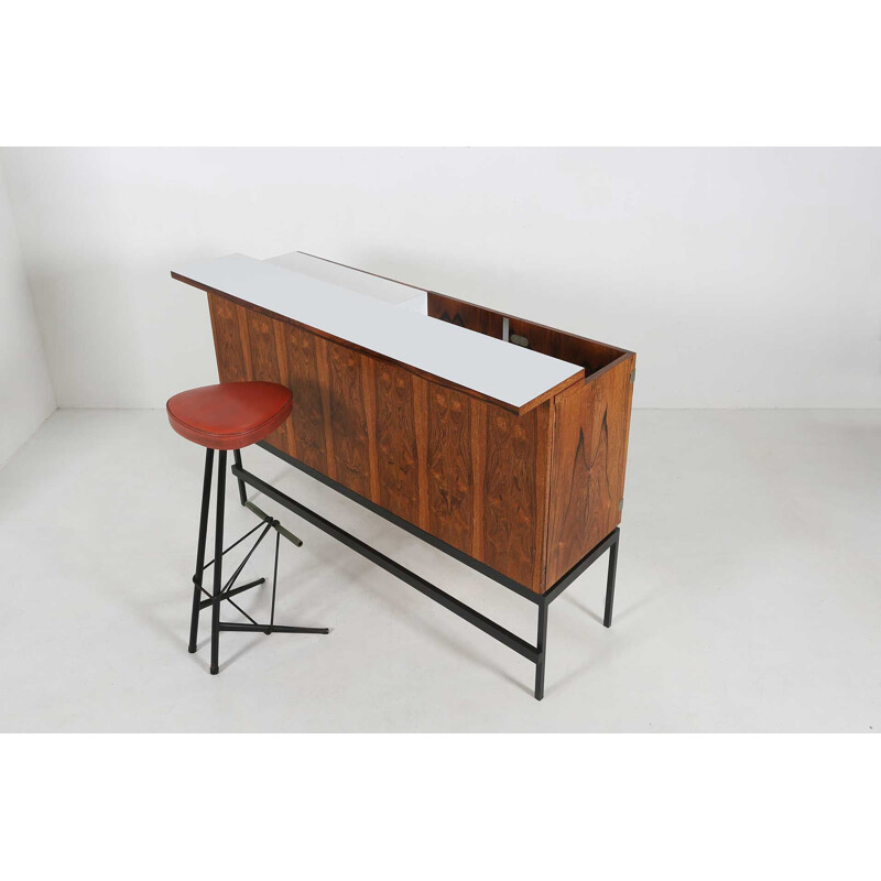 Mid-century rosewood and black metal base bar cabinet