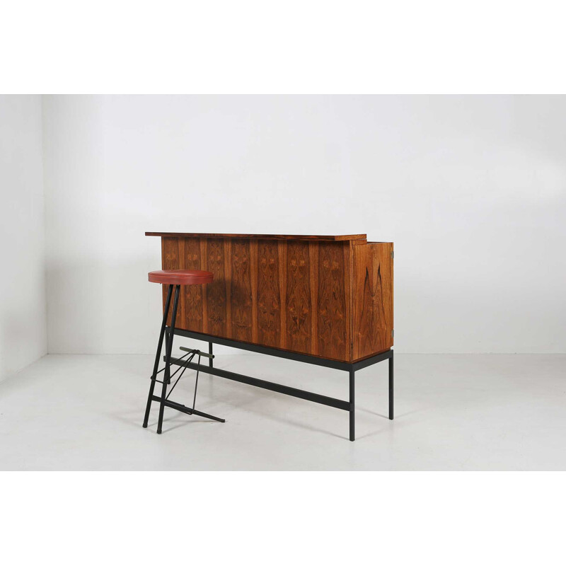 Mid-century rosewood and black metal base bar cabinet