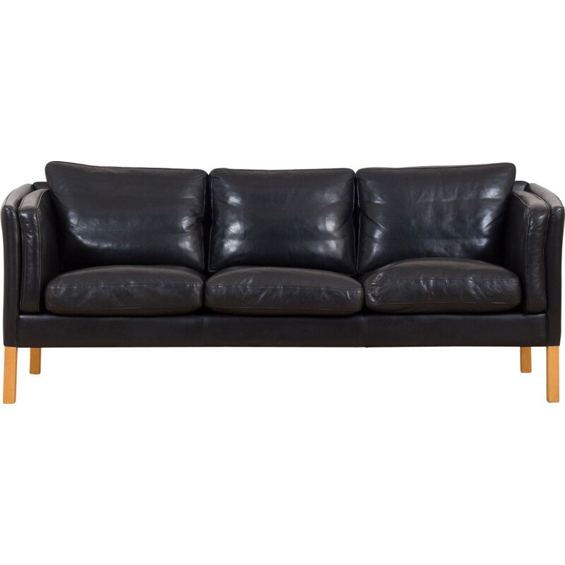 Vintage sofa in thick black aniline leather by Stouby, 1960-1970s